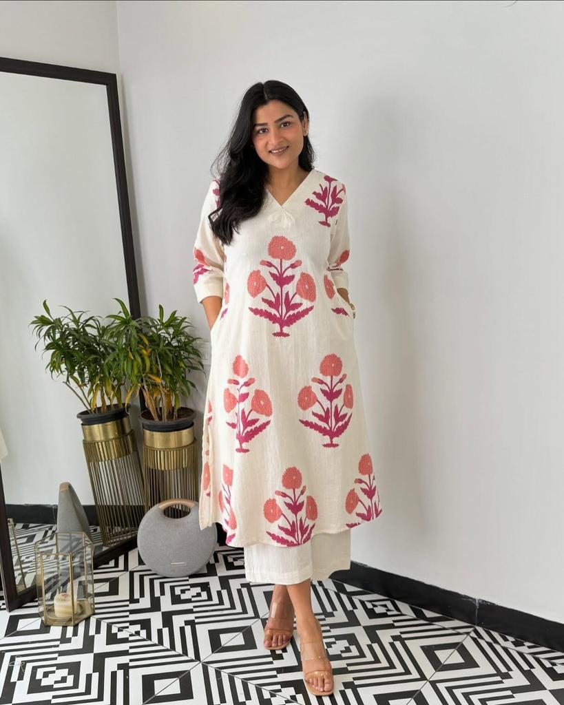 Indian Designer Cotton Cord Set Women Bollywood Party Wear Top Tunic Kurta Pant Set Dress