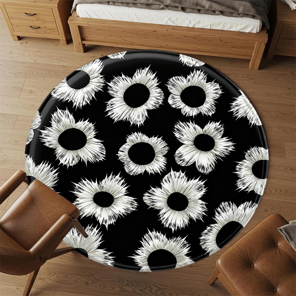 1 шт. Черно-белый цветочный узор Круглый коврик для стула Офисная ковровая дорожка - Нескользящий, Напольный коврик для офиса, спальни, Идеальный подарок для декора дома p0105048