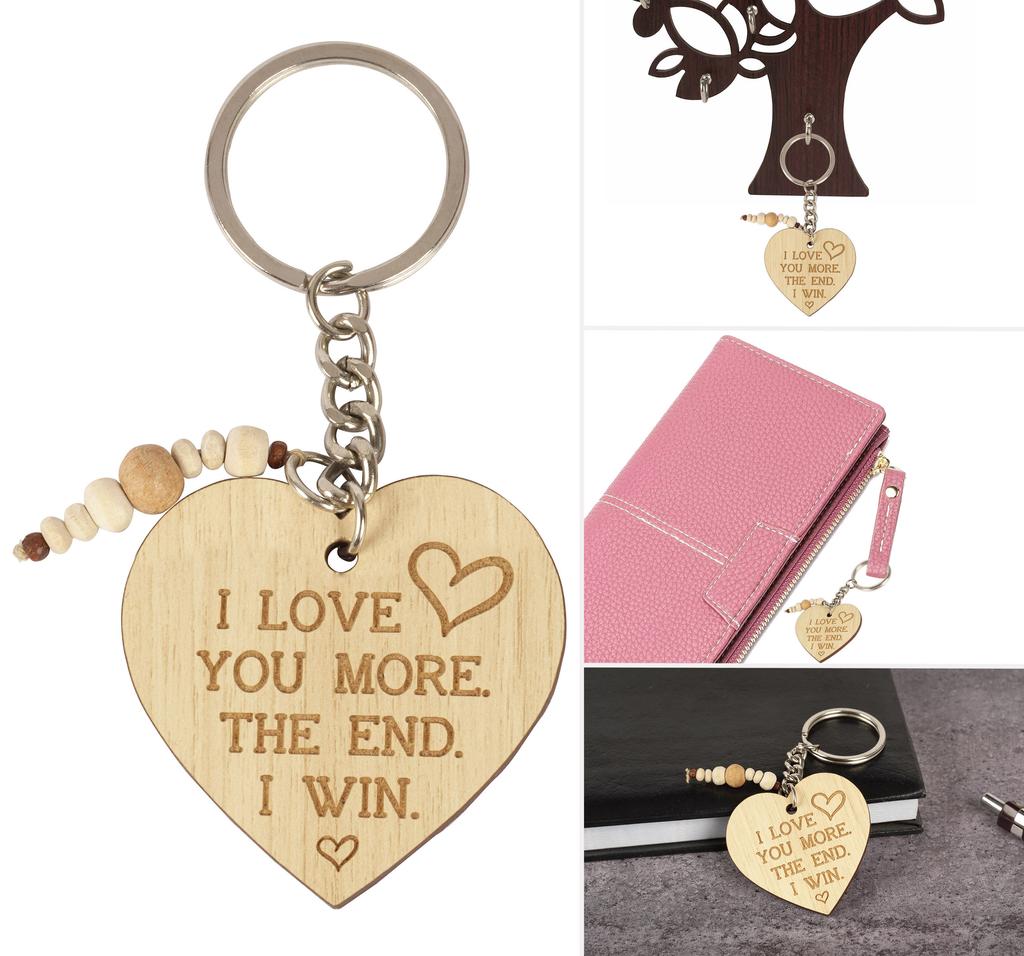 Inkdotpot Смешной брелок Я люблю тебя больше Конец Я выиграл. Дерево с гравировкой