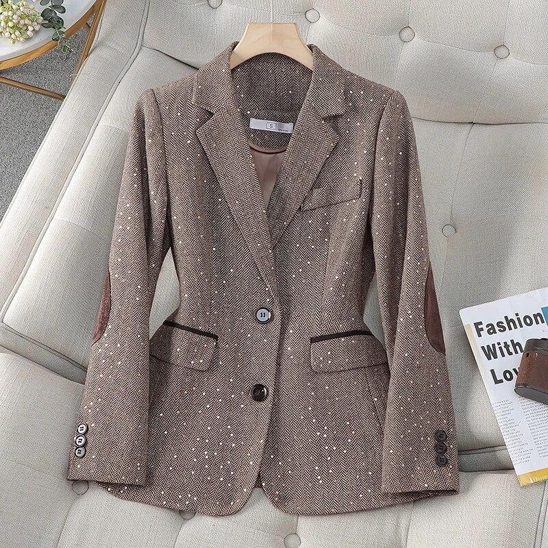 Autumn Retro Splice Plaid Sequins Blazers Coat For Women Brown Elegant Business Vintage Ladies Suit Jacket