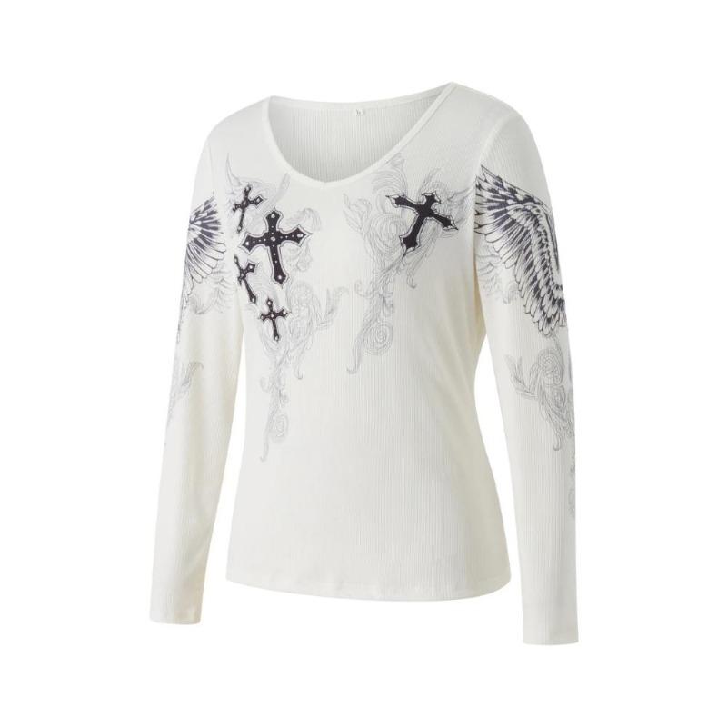 2KWEIRD Y2k Графический принт креста и крыльев Женская футболка с длинным рукавом Гранж Фея Футболка Харадзюку Эстетика 2000-х Панк Стиль Одежда Уличная одежда