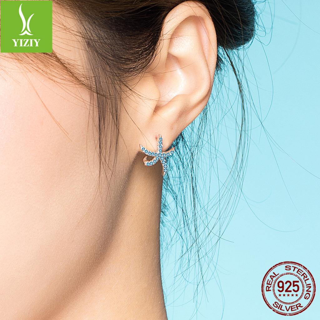 Модные серьги-пусеты в виде морской звезды с голубыми бриллиантами для женщин, корейская версия, маленькие свежие серьги из стерлингового серебра 925 пробы в океанском стиле Bse136