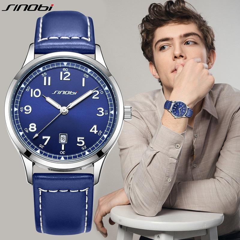 SINOBI Модный дизайн, мужские часы, оригинальные кожаные ремешки, мужские кварцевые наручные часы, лучшие роскошные мужские лучшие подарки, светящиеся часы