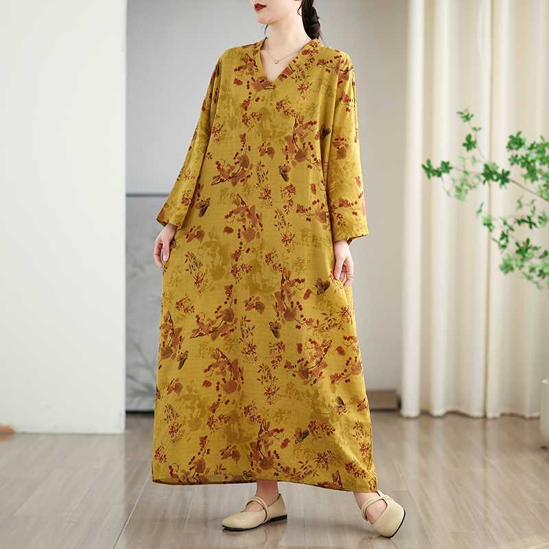 Красочное платье с V-образным вырезом в стиле ретро, длинная юбка, хлопок-лен