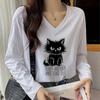 Женские футболки с принтом Angry Cat, женские топы, длинные рукава, V-образный вырез, пуловер, женские футболки, футболка для женщин