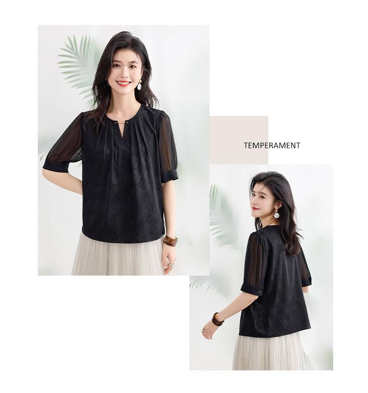 21 Mu Mi Sang Silk Round Neck Solid Color Mulberry Wave Satin Jacquard Design 26 Summer Versatile Women's T-shirt
