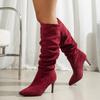 Lucyever Большие размеры Красные сапоги до колена Женские Осенние Новые Искусственные Замшевые Высокий Каблук Длинные Лодочки Mujer Плиссированные Сапоги Без Застежек Для Женщин