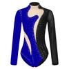Womens Color Block Patchwork Leotard Sparkle Rhinestone Sheer Mesh Long Sleeve Bodysuit Gymnastics Acrobatics Dancewear