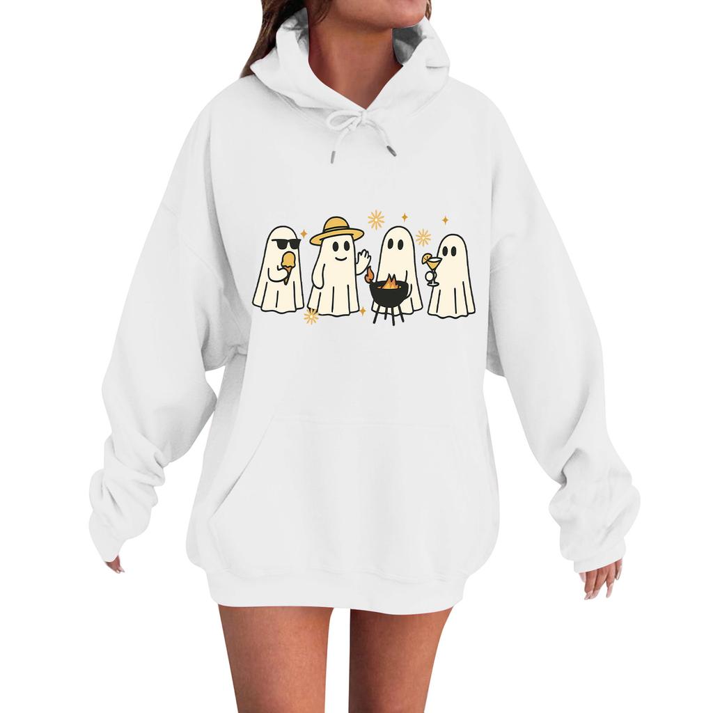 Женская повседневная модная удобная толстовка с круглым вырезом, капюшоном и длинными рукавами с принтом на Хэллоуин, теплая