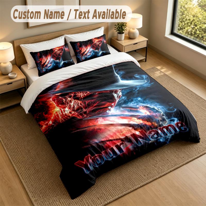 3Pcs Bedding Set Custom Name Text, 1 Sheet 2 Pillowcases Home Bed DecorA Nightmare on Elm Street Freddy Krueger