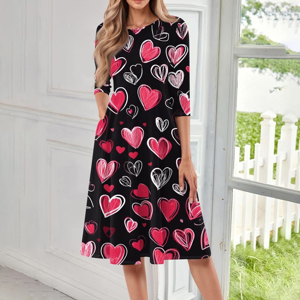 Casual Ladies Fashionable And Round Neck Seven Quarter Sleeve Printed Mid Length Dress