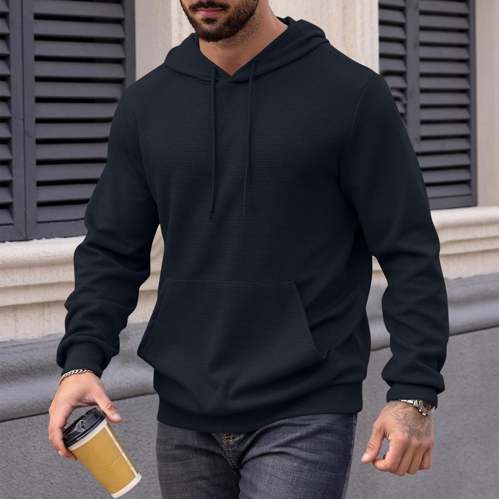 Men's Long Sleeve Textured Hooded Sweatshirt Casual Lightweight Hoodies Pullover Drawstring Hoodie With Kanga Pocket