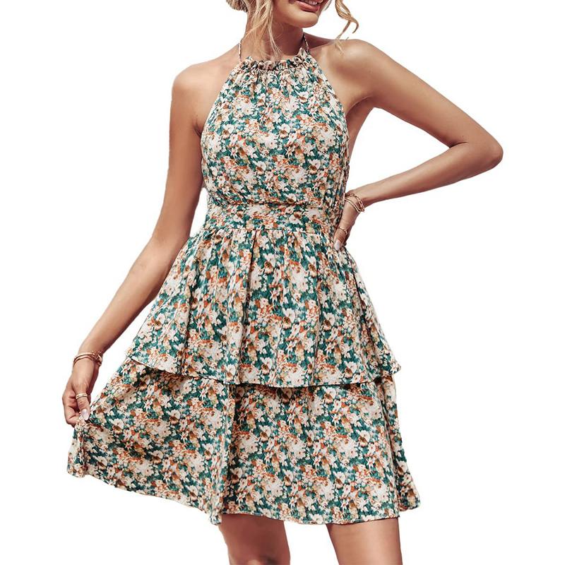 Summer Women's Sexy Strapless Hanging Neck Floral Dress Boho Style Printed Sleeveless Festival Beach Party Sundresses