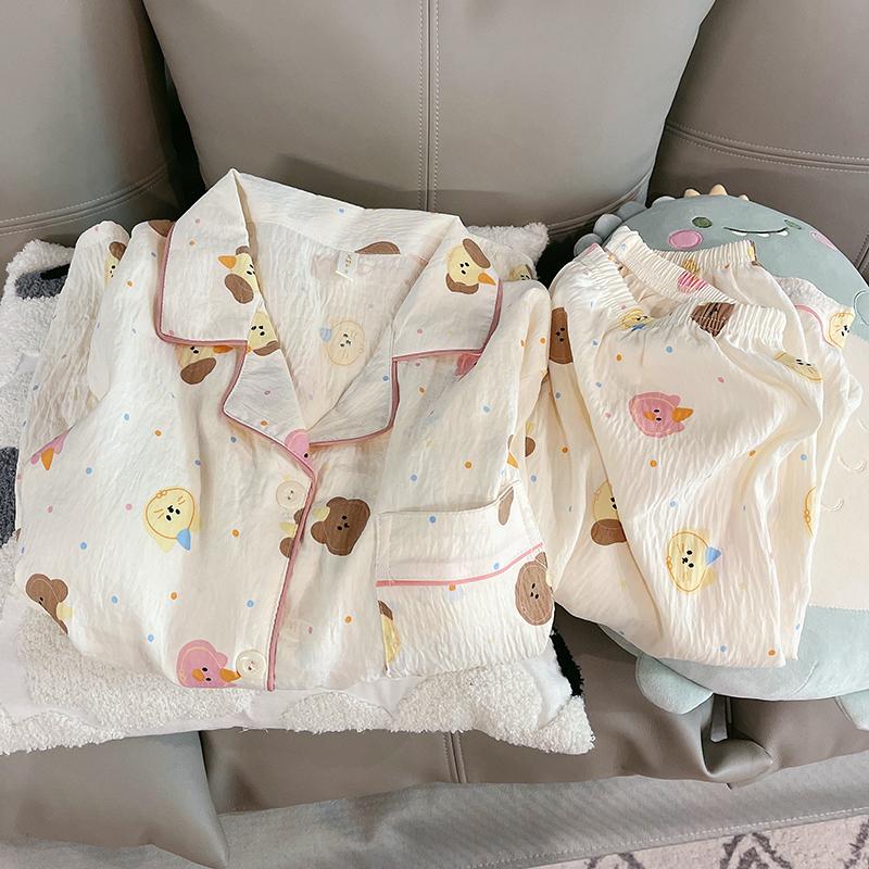 Милый милый горошек с принтом собаки и кошки, комплект из 2 предметов для женщин, пижамный комплект с пуговицами и лацканами, дизайн шеи, женская одежда для сна, новая домашняя одежда с героями мультфильмов