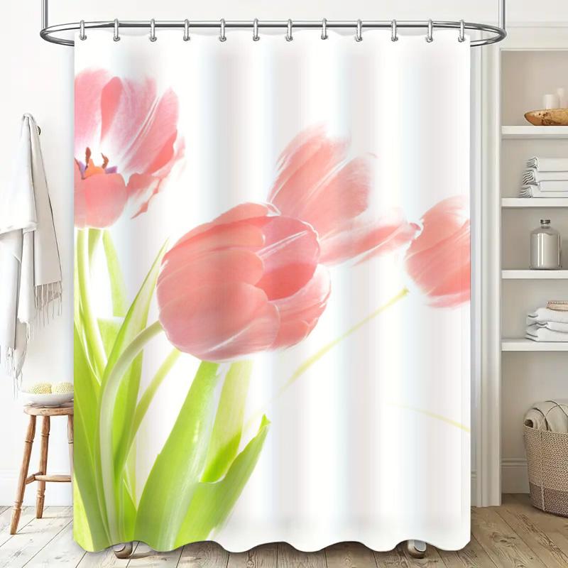 Pink Tulip Shower Curtain Set Bath Decor for Kids Bathroom Waterproof Fabric with Hooks (White)