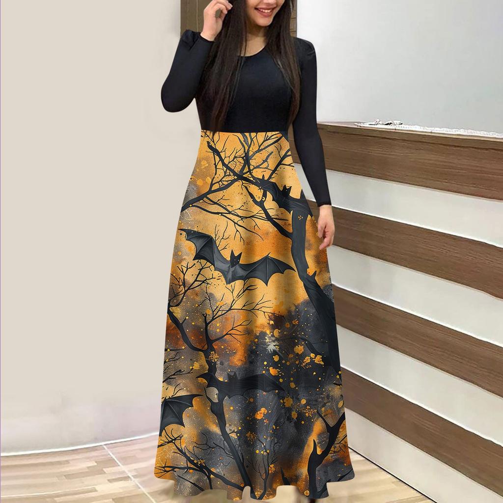 Женское модное повседневное платье макси с круглым вырезом и длинными рукавами