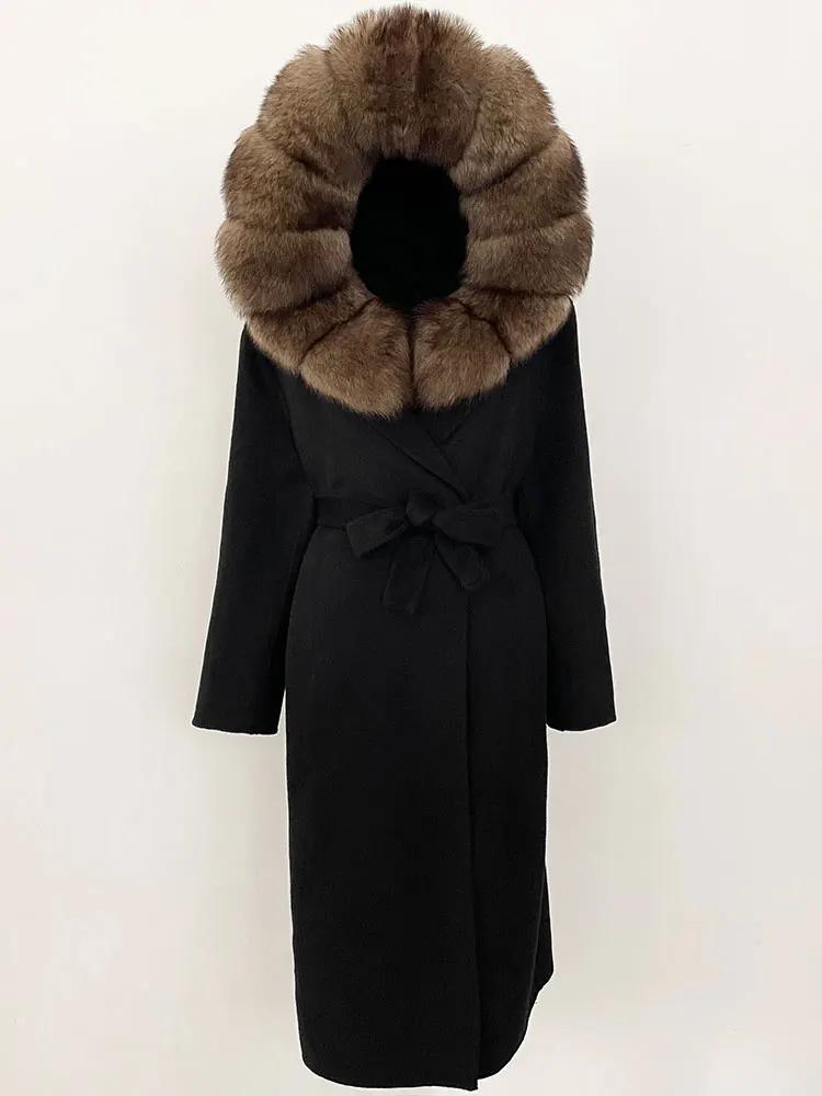 OFTBUY Зимнее женское пальто из натурального лисьего меха с капюшоном и съемным воротником Двусторонняя шерстяная куртка Длинная повседневная элегантная верхняя одежда