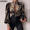 Women Autumn High Neck Long Sleeve Printed Cardigan Blouses