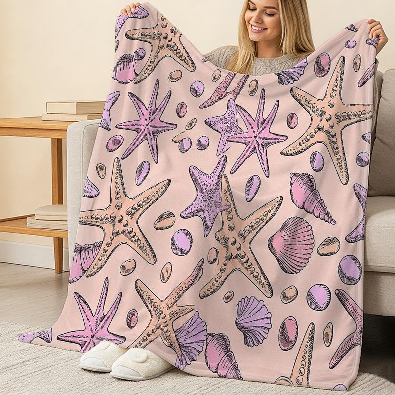 Flannel Fleece Throw Blanket Soft Cozy, Starfish Seashell Pattern, Machine Washable Warm Blanket for Home Office Napping, Christmas Halloween Decor