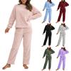 Комплект из 2 предметов: пижамный комплект осень-зима, повседневный комплект из топа и брюк, топ с круглым вырезом и длинными рукавами, эластичный пояс, спортивный костюм, повседневная одежда, одежда для сна
