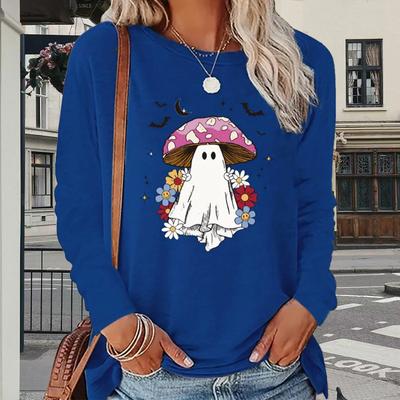 Топы для женщин Хэллоуин милый призрачный принт круглый вырез длинный рукав футболка осень повседневный тонкий пуловер женский длинный рукав топ