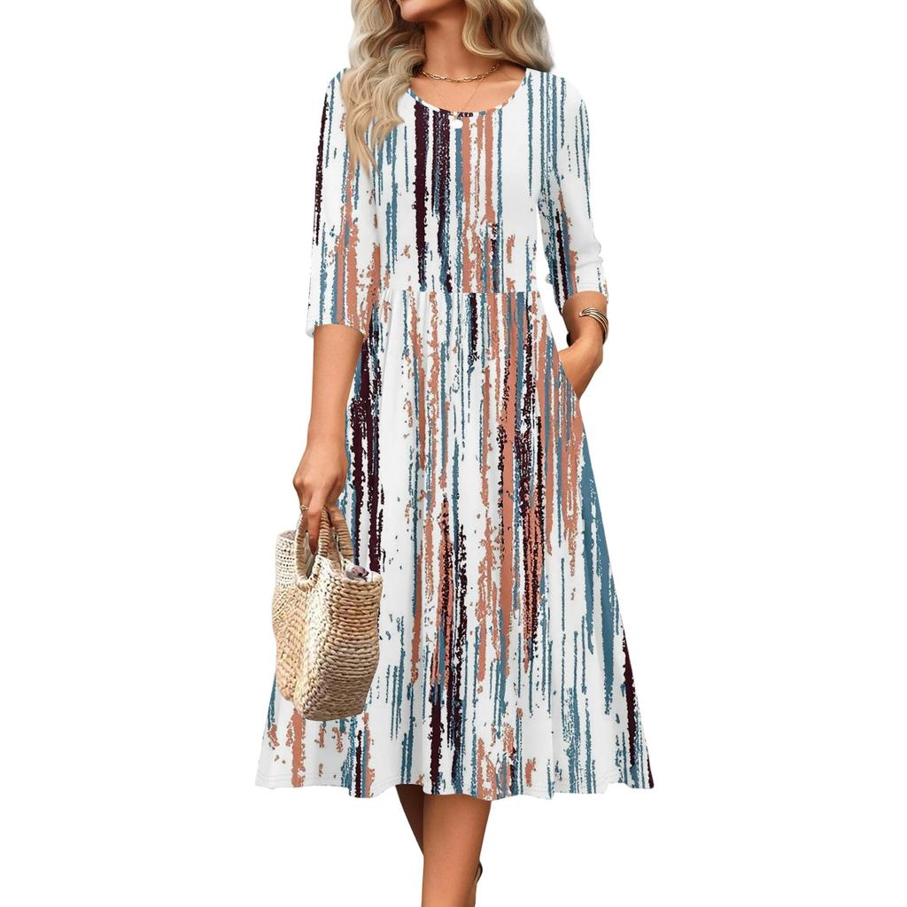 Женское платье с рукавом 3/4, повседневное, свободное, А-силуэта, миди, футболка, с карманами, с круглым вырезом, для отпуска, в стиле бохо, пляжный сарафан