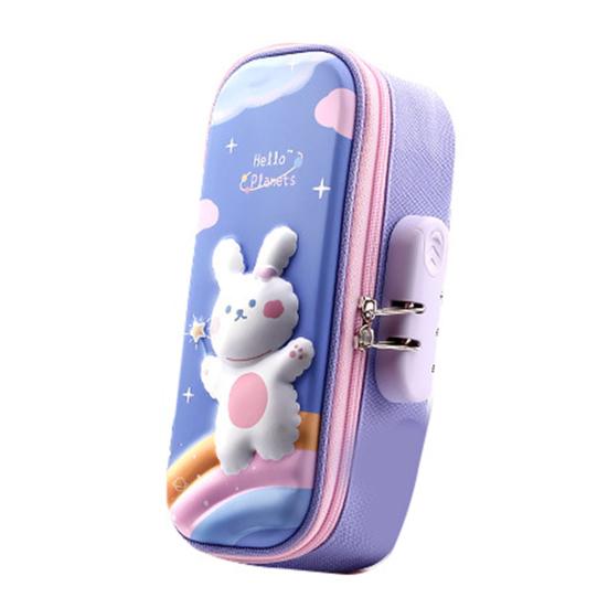 Сумка-карандаш, двухслойная 3D-печать, гладкая двойная молния, дизайн с паролем, милый узор кролика, компактная коробка для канцелярских принадлежностей с ручкой, ежедневное использование