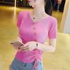 2025 Summer Women's Ice Silk V-Neck Drawstring Short Sleeve Knitted Top