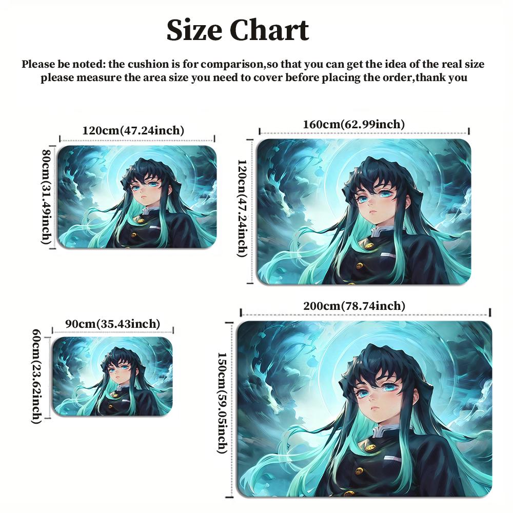 Anime Swordsman Area Rug, Cyan Water Theme Non-slip Floor Mat, Decorative Carpet for Gaming Room Bedroom, Washable Home Gift