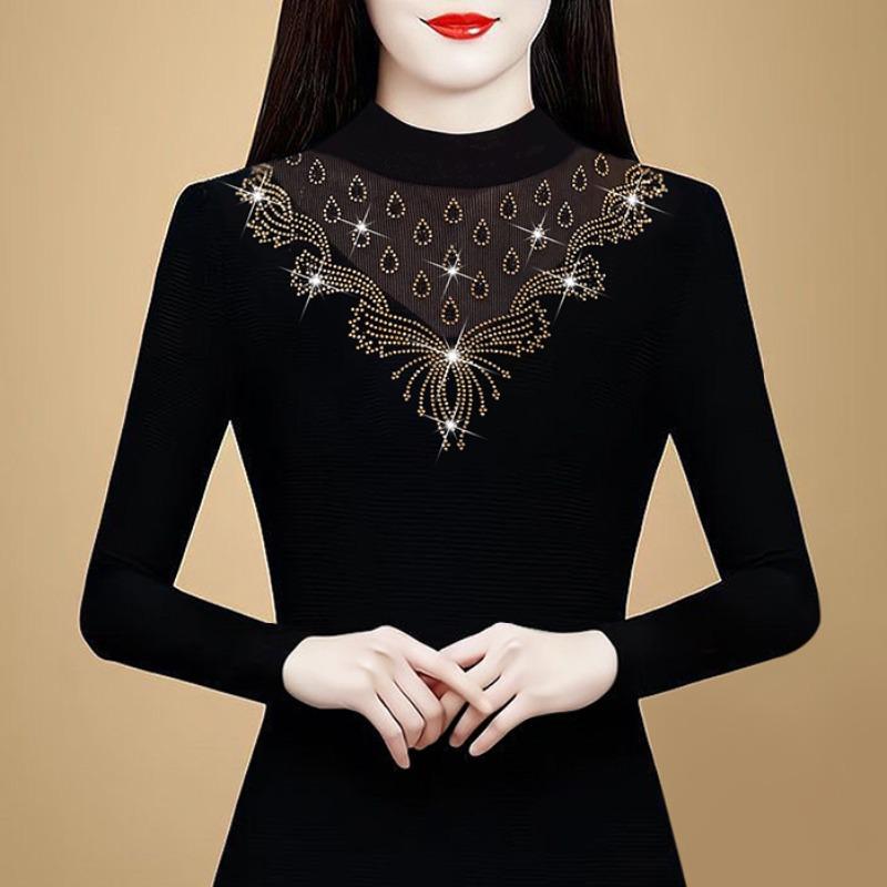 Black Mesh Base Shirt for Women's Top Mother Autumn New Half-high Neck with Large Size Stylish Air Button-down