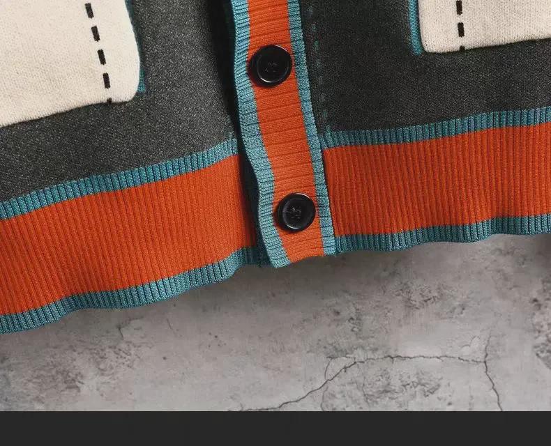 Мужской вязаный кардиган с V-образным вырезом - мода весна/осень 2024 г., свитер с цветными блоками, куртка в стиле панк