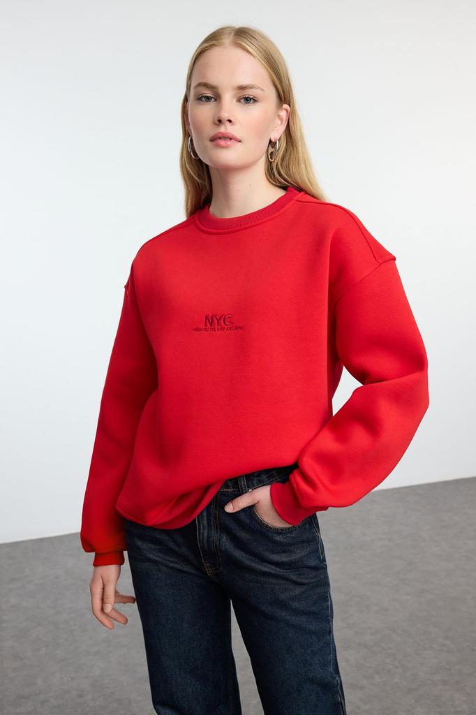 Женская модная стильная толстовка с красным слоганом и вышитым узором оверсайз, толстая внутри флисовая вязаная толстовка