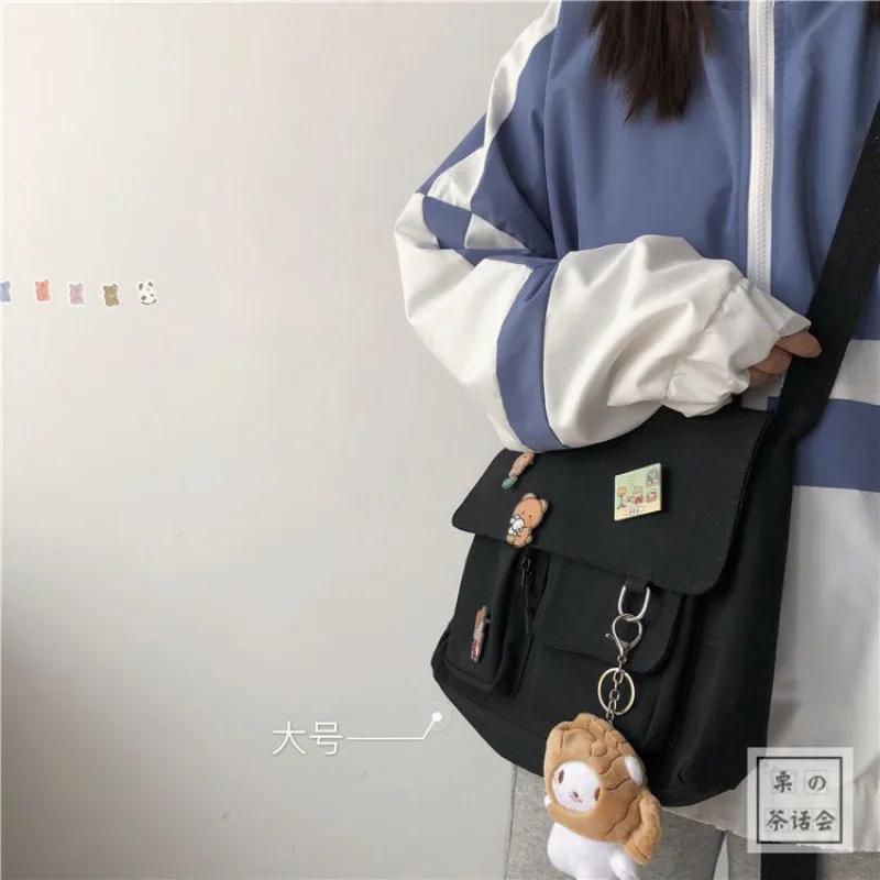 Japanese Harajuku Style Canvas Messenger Bag - Retro Cute Shoulder Bag for Women Girls, Lightweight School College Bag with Multiple Pockets