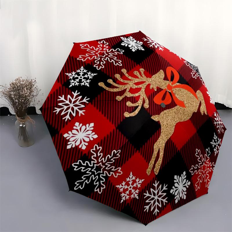 1pc Christmas Reindeer Plaid Pattern Umbrella with Plastic Handle,Suitable for All Seasons Home Travel Outdoor UmbrellaDD227