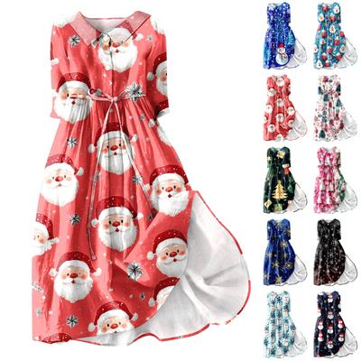 Женское модное платье с рождественским принтом, застегивающееся на пуговицы, с манжетами длиной семь четвертей и бретельками