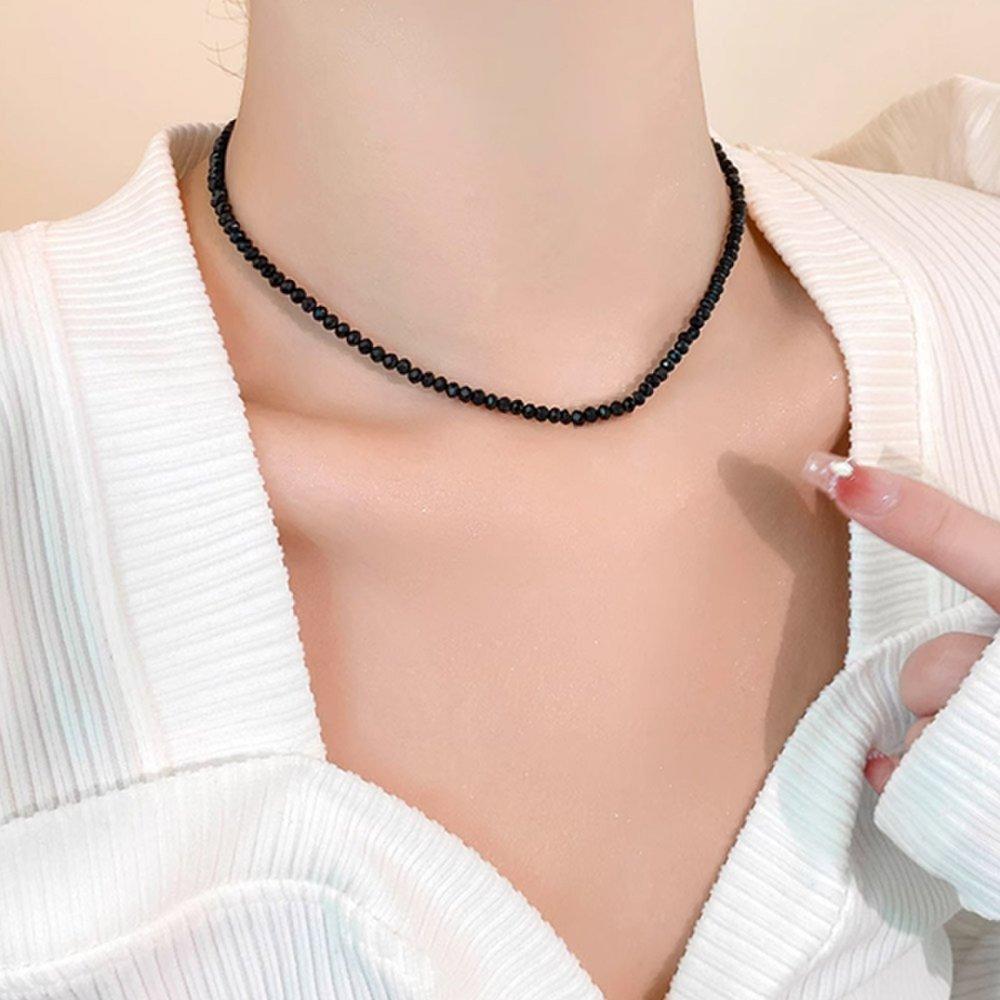 Edie Silver 925 Crystal Black Beaded Gemstone Choker Necklace