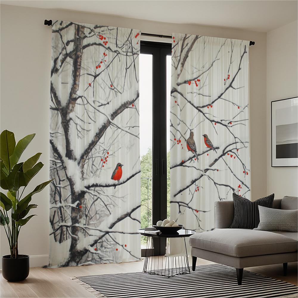 2-piece set of high-definition digital printed curtainwinter snow tree redbirds redberries rodcurtain styleHome decoration style