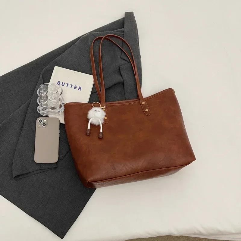 Solid Color Pu Zipper High-end Retro Shoulder Bag Women's  New Trendy Autumn Sewing Thread Large Capacity Tote Commuter Bag