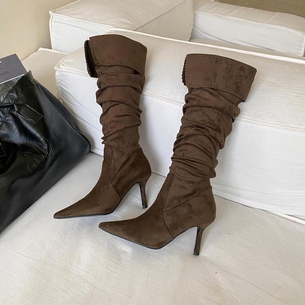 Maillard осень и зима новые французские ретро остроносые плиссированные тонкий каблук высокие сапоги женские замшевые до колена длинный голенище