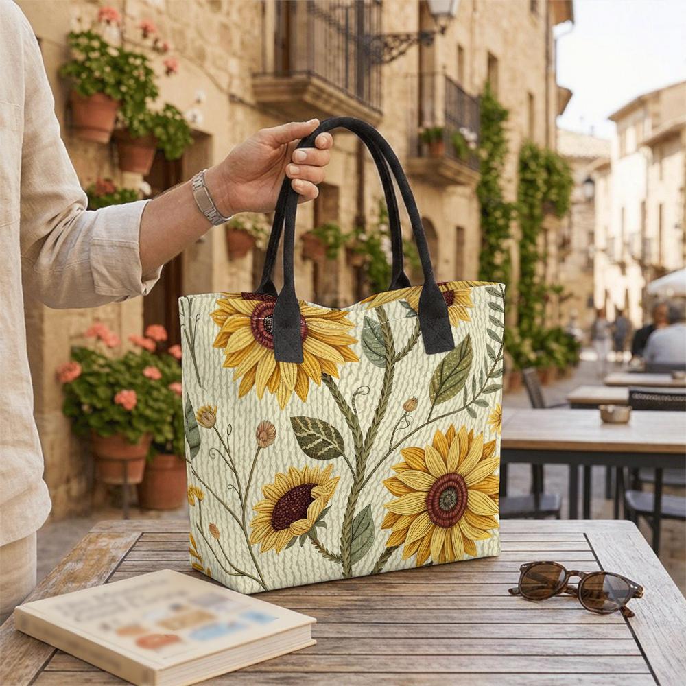 Sunflower Print Tote Bag Casual Large Capacity Canvas Handbag for Daily Use