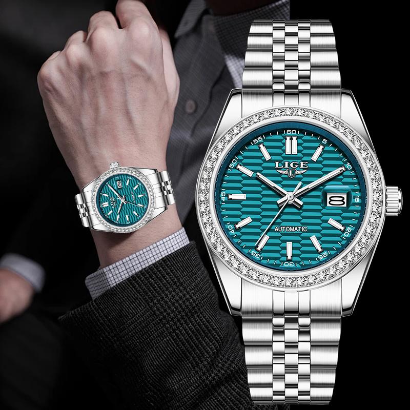 LIGE Fashion Luxury Mechanical Man Watch Business Stainless Steel Date Waterproof Diamond Automatic Movement Watches for Men+Box