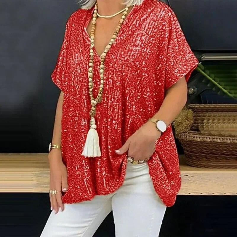 Fashion Sequins V-neck Women Blouse Solid Color Mid Length Shirt Summer Short Sleeve Blouse Women Tops Casual Loose Clothes 30468