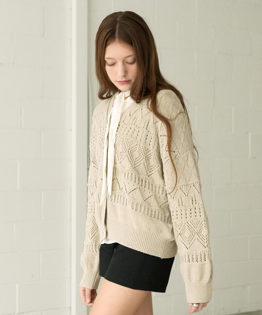 VLETI [Cotton 100%] Pointelle V-Neck Cardigan (Beige)