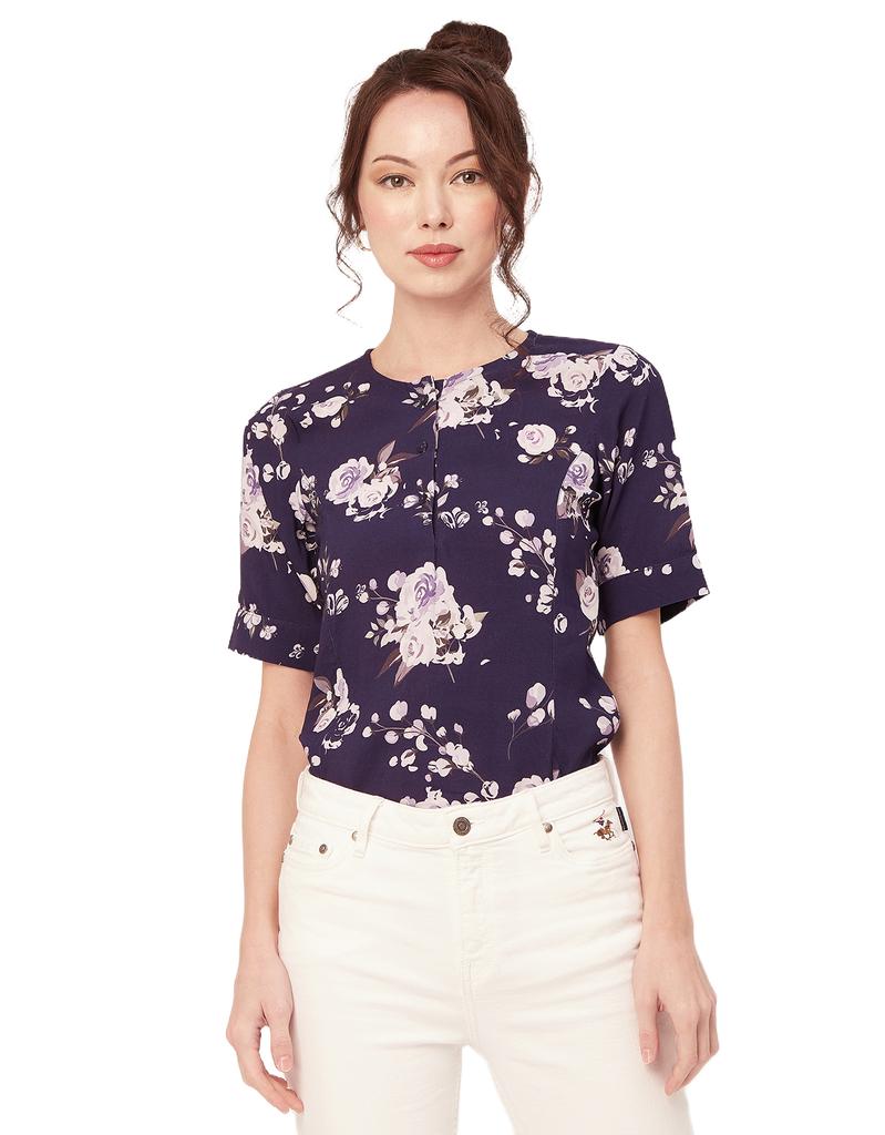Moomaya Printed Viscose Summer Top For Women, Round Neck Short Sleeves Casual Top