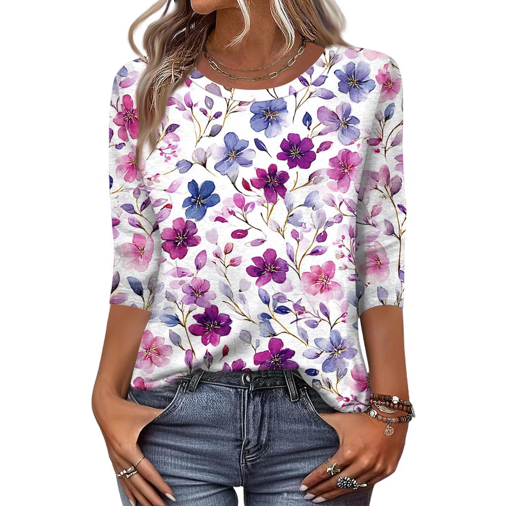 Women's Fashion Casual Round Neck 3/4 Sleeve Loose Printed T-Shirt Ladies Top