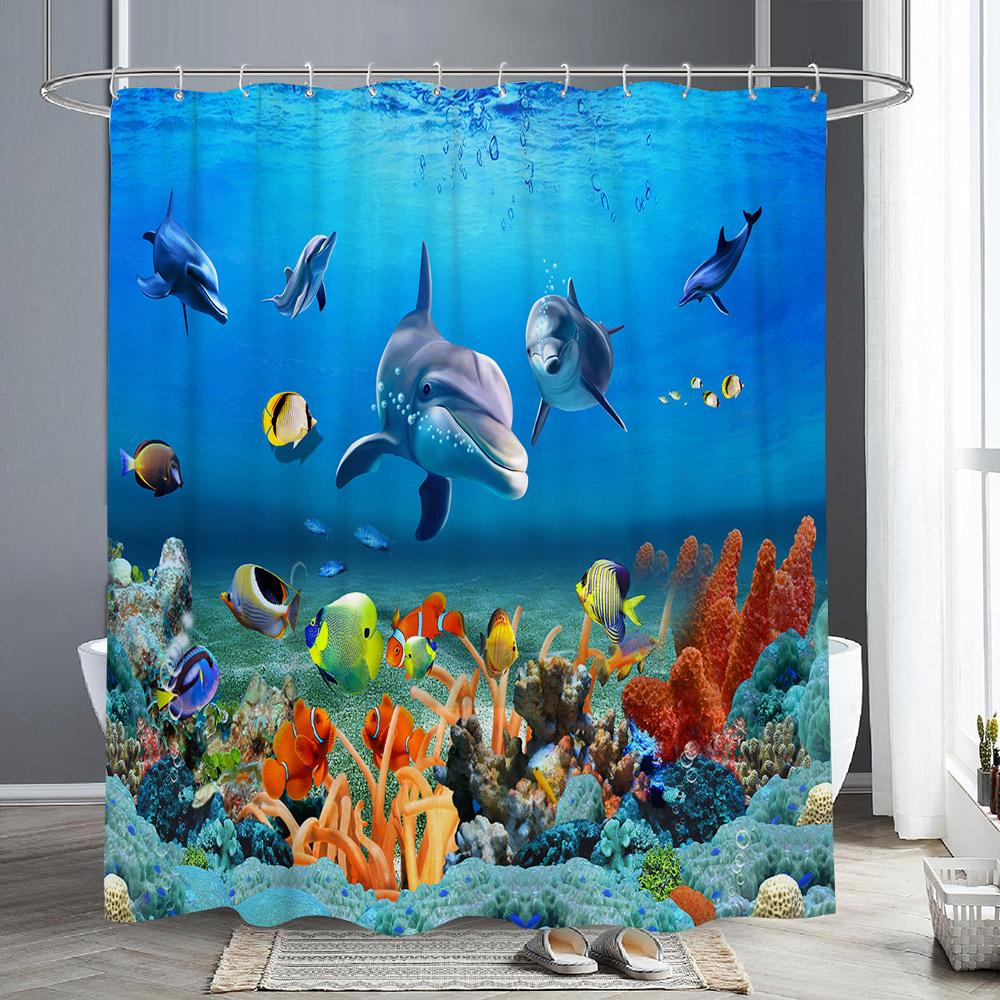 Шторки для душа с морскими животными Дельфин Морская черепаха Рыба Коралл Подводный пещерный пейзаж Ткань Детская занавеска для ванны Декор для ванной комнаты