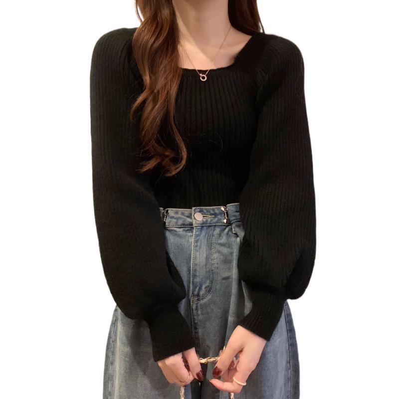 Высококачественный свитер с пышными рукавами и квадратным вырезом - Осенне-зимний приталенный универсальный топ