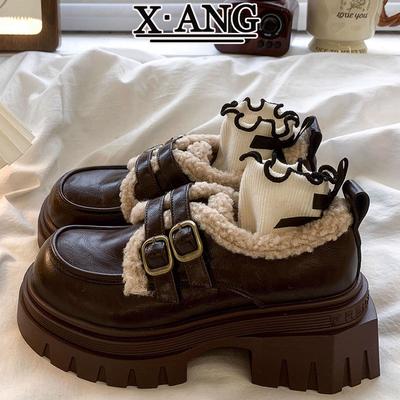 Кожаные лоферы на толстой подошве и толстом каблуке, женские бархатные туфли из маленькой кожи, новинка осени и зимы 2025 года, туфли Мэри Джейн на высоком каблуке, пушистые туфли