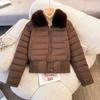European and American cotton-padded clothes women's short winter fur collar high waist jacket down cotton-padded clothes small cotton-padded jacket th