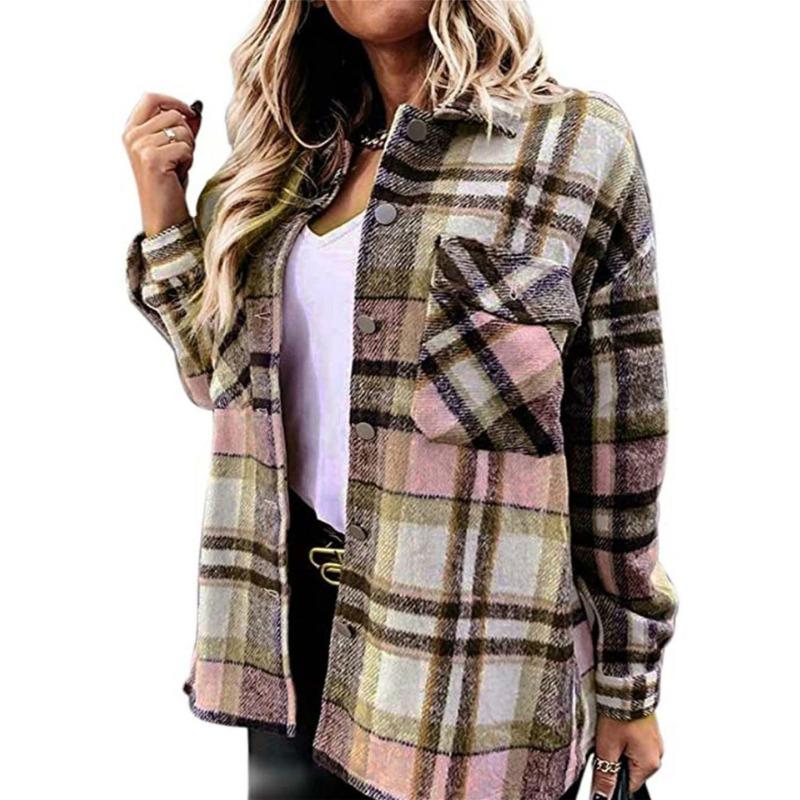 Осенняя женская клетчатая рубашка с длинным рукавом и большим карманом, свободного кроя, куртка средней длины
